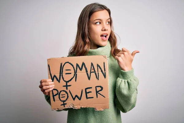 Menina Loira Jovem Segurando Banner Protesto Para Poder Mulher Direitos — Fotografia de Stock