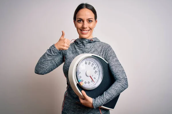 Young Fitness Woman Wearing Sport Workout Clothes Holding Scale Healthy — Stock Photo, Image