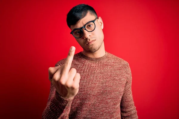 Young Handsome Hispanic Man Wearing Nerd Glasses Red Background Showing — Zdjęcie stockowe