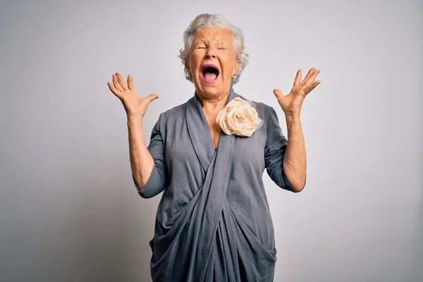 Ältere Schöne Grauhaarige Frau Lässigem Kleid Steht Vor Weißem Hintergrund — Stockfoto