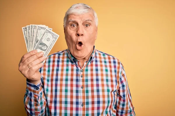 Starszy Przystojny Hoary Mężczyzna Trzymając Kilka Dolarów Banknotów Żółtym Tle — Zdjęcie stockowe