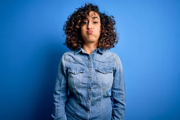 Young Beautiful Curly Arab Woman Wearing Casual Denim Shirt Standing — Stock Photo, Image