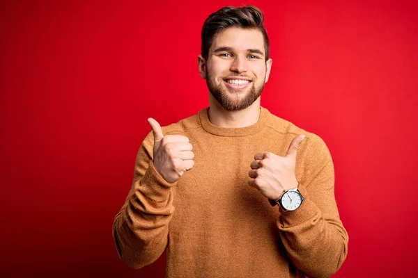 Young Blond Man Beard Blue Eyes Wearing Casual Sweater Red — Stock Photo, Image