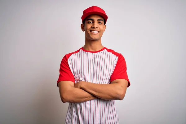 Joven Atleta Afroamericano Guapo Con Camiseta Béisbol Rayas Gorra Cara — Foto de Stock