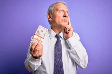 Mor arka planda 50 dolarlık banknotlar tutan yaşlı gri saçlı adam. Soru soran ciddi bir yüz, kafası karışık bir fikir.