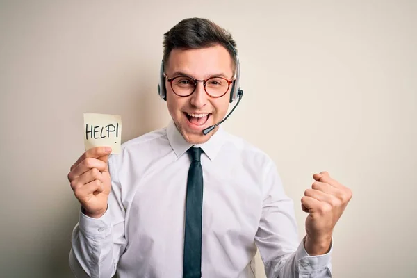 Young Call Center Operator Man Wearing Headset Holding Paper Note — Stock Photo, Image