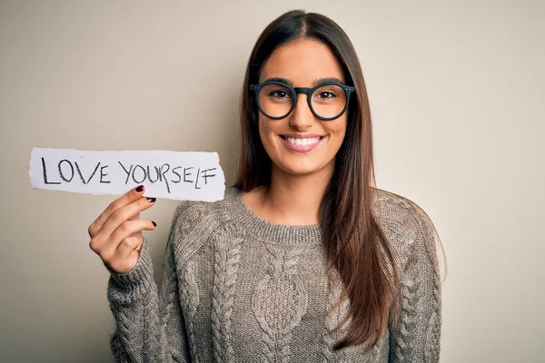 Young Beautiful Brunette Woman Wearing Glasses Holding Paper Love Yourself — Stock Photo, Image