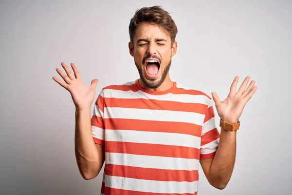 Young Handsome Man Beard Wearing Striped Shirt Standing White Background — Stock Photo, Image