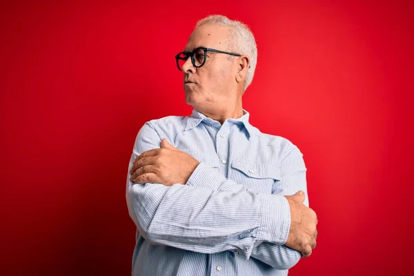 Middle Age Handsome Hoary Man Wearing Casual Striped Shirt Glasses — Stock Photo, Image