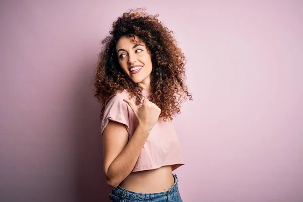 Young Beautiful Woman Curly Hair Piercing Wearing Casual Pink Shirt — Stock Photo, Image