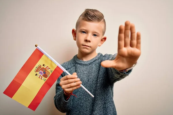 Jovem Pequena Bandeira Branca Criança Espanha Sobre Fundo Isolado Com — Fotografia de Stock