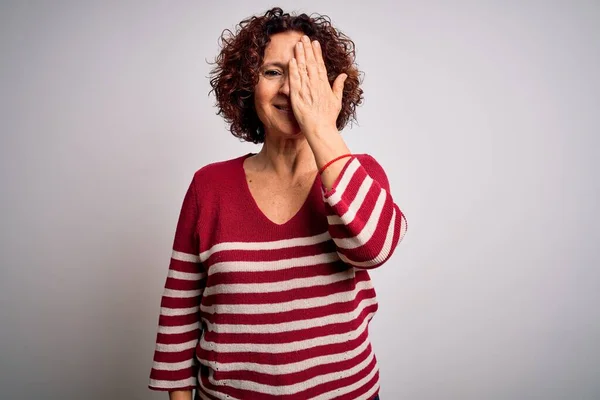 Middle Age Beautiful Curly Hair Woman Wearing Casual Striped Sweater — Stock Photo, Image