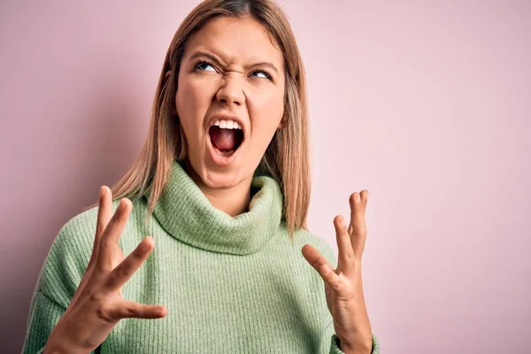 Young Beautiful Blonde Woman Wearing Winter Wool Sweater Pink Isolated — Stock Photo, Image