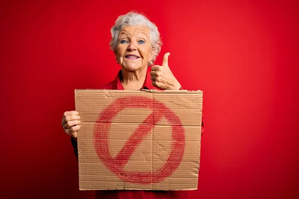 Senior Beautiful Grey Haired Woman Holding Banner Prohibited Signal Red — Stock Photo, Image