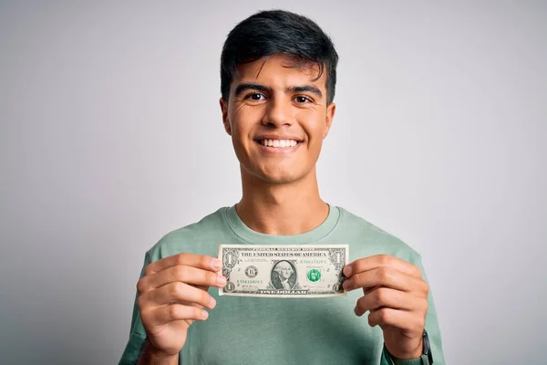 Joven Hombre Guapo Sosteniendo Billetes Dólar Sobre Fondo Blanco Aislado —  Fotos de Stock