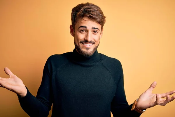 Young Handsome Man Beard Wearing Turtleneck Sweater Standing Yellow Background — Stock Photo, Image