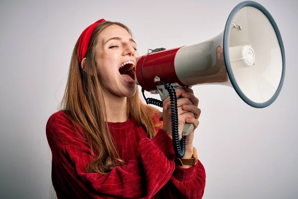 Young Caucasian Woman Shouting Protest Megaphone Yelling Excited Ludspeaker Talking — Stock Photo, Image