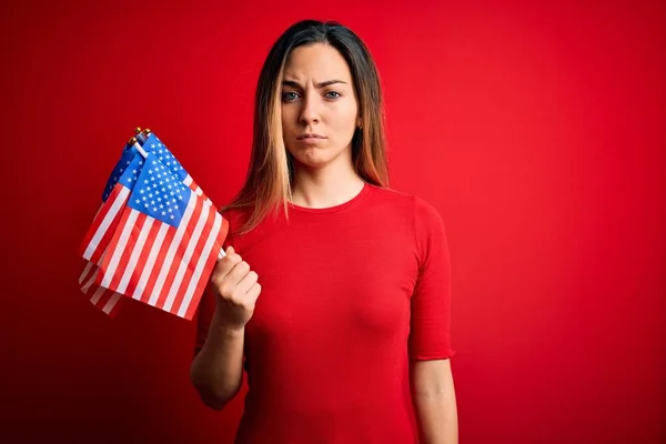 Young Beautiful Blonde Patriotic Woman Blue Eyes Holding United States — Stock Photo, Image