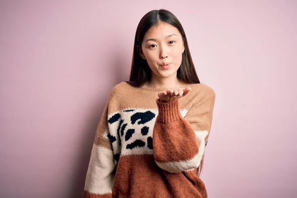 Jonge Mooie Aziatische Vrouw Dragen Dier Print Mode Trui Roze — Stockfoto