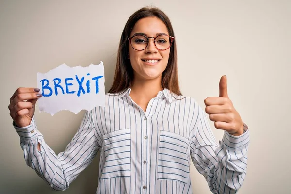 Jong Mooi Brunette Vrouw Holding Papier Met Brexit Bericht Witte — Stockfoto