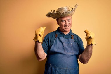 Sarı arka plan üzerinde önlük ve şapka takan orta yaşlı çiftçi kollarını kaldırarak ve açık gözlerle başarıyı kutluyor ve şaşırıyor. Kazanan konsept.