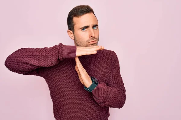 Young Handsome Man Blue Eyes Wearing Casual Sweater Standing Pink — Stock Photo, Image