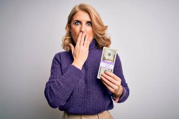 Middle Age Beautiful Blonde Woman Holding Bunch Dollars Banknotes White — Stock Photo, Image