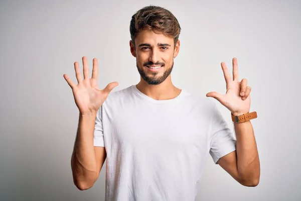 Young Handsome Man Beard Wearing Casual Shirt Standing White Background — Stock Photo, Image