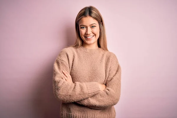 Young Beautiful Blonde Woman Wearing Winter Wool Sweater Pink Isolated — 图库照片