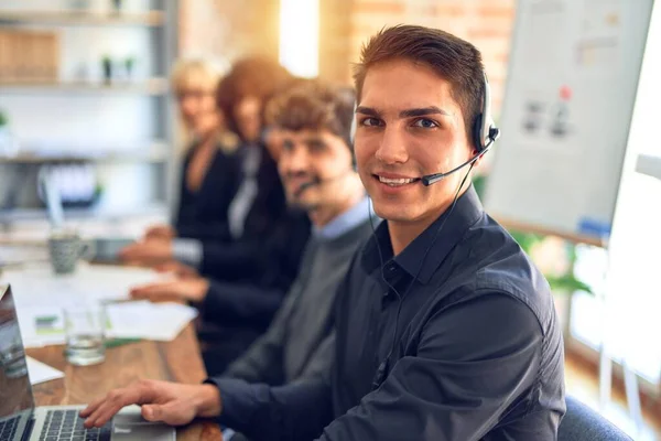 Group Call Center Workers Working Together Smile Face Using Headset — Stok fotoğraf