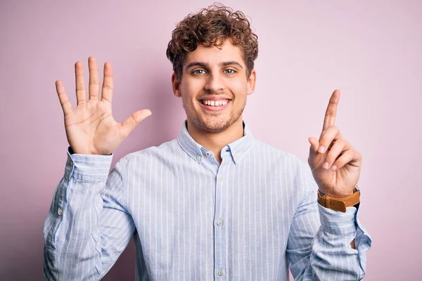 Young Blond Handsome Man Curly Hair Wearing Striped Shirt White — Stock Photo, Image