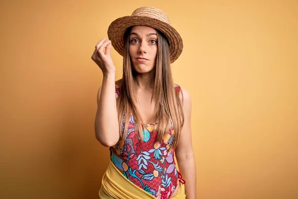 Young Beautiful Blonde Woman Wearing Swimsuit Summer Hat Yellow Background — Stock Photo, Image