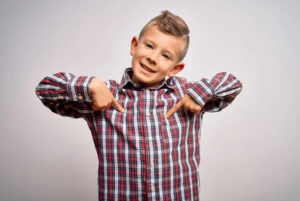 Young Little Caucasian Kid Blue Eyes Wearing Elegant Shirt Standing — Stock Photo, Image