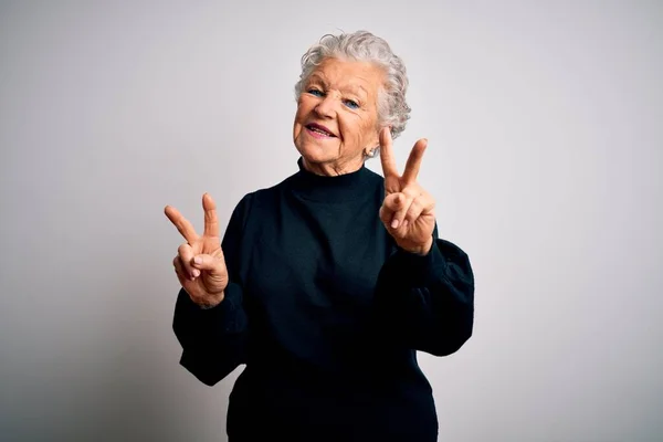 Senior Beautiful Woman Wearing Casual Black Sweater Standing Isolated White — Stock Photo, Image