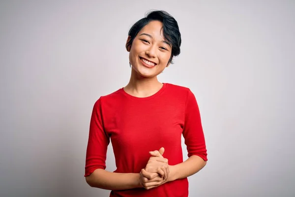 Jong Mooi Aziatisch Meisje Draagt Casual Rood Shirt Staan Geïsoleerde — Stockfoto