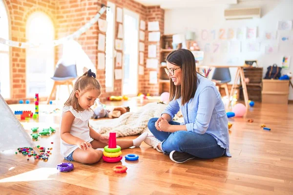 Caucasian Girl Kid Playing Learning Playschool Female Teacher Mother Daughter — Stock Photo, Image