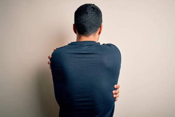 Handsome Man Beard Wearing Shirt Volunteer Message White Background Hugging — Stock Photo, Image