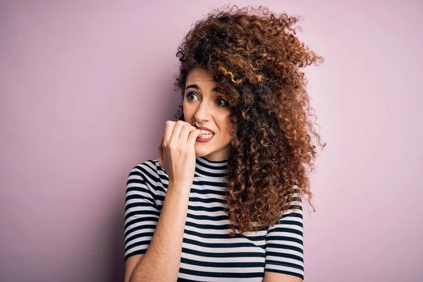 Young Beautiful Woman Curly Hair Piercing Wearing Casual Striped Shirt — Stock Photo, Image