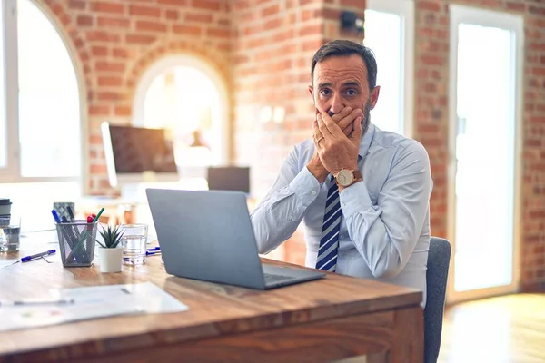 Középkorú Jóképű Üzletember Nyakkendőt Visel Laptopot Használ Irodában Véletlenül Eltakarta — Stock Fotó
