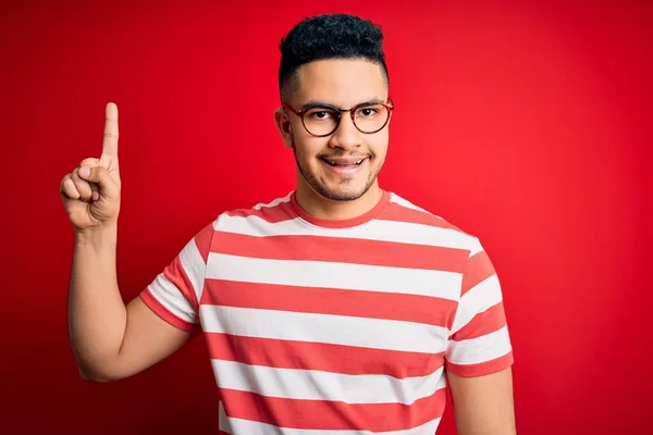 Young Handsome Man Wearing Casual Striped Shirt Glasses Isolated Red — Stock Photo, Image