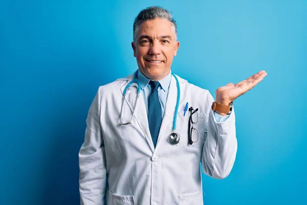 Middle Age Handsome Grey Haired Doctor Man Wearing Coat Blue — Stock Photo, Image