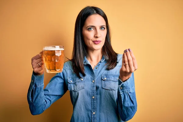 Young Woman Blue Eyes Drinking Jar Beer Standing Isolated Yellow — Stock Photo, Image
