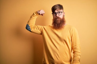 Sarı arka plan üzerinde gözlük takan yakışıklı, kızıl saçlı, sarışın, güçlü, kendinden emin ve gururlu bir adam.