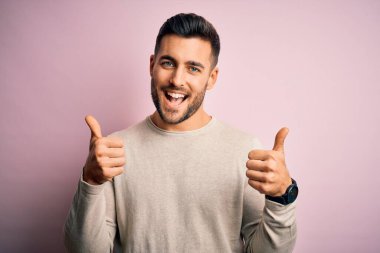 İzole edilmiş pembe arka plan başarısı tabelasının üzerinde dikilen genç ve yakışıklı bir adam elleriyle olumlu bir jest yapıyor, gülümsüyor ve mutlu. Neşeli ifade ve kazanan jest.