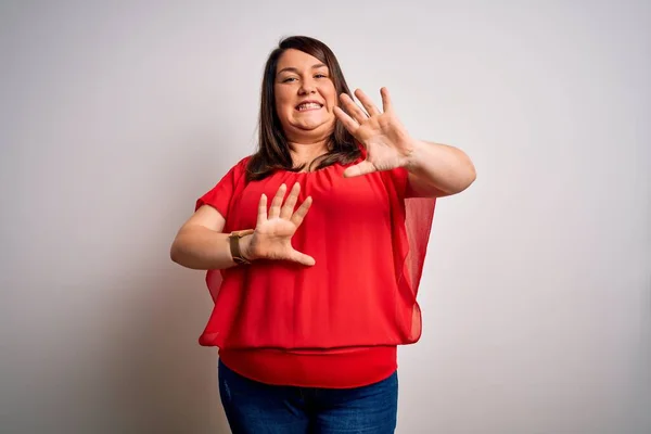 Beautiful Brunette Size Woman Wearing Casual Red Shirt Isolated White — Stock Photo, Image