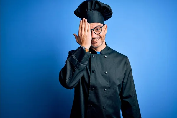 Young Handsome Chef Man Wearing Cooker Uniform Hat Isolated Blue — Stock Photo, Image