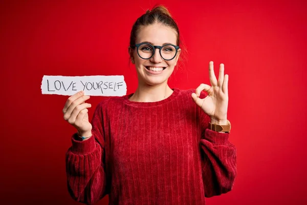 Young Beautiful Redhead Woman Holding Paper Love Yourself Message Doing — Stock Photo, Image