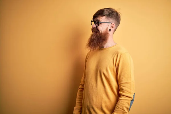 Handsome Irish Redhead Man Beard Wearing Glasses Yellow Isolated Background — Stock Photo, Image