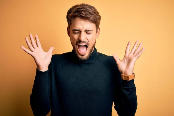 Young Handsome Man Beard Wearing Turtleneck Sweater Standing Yellow Background — Stock Photo, Image