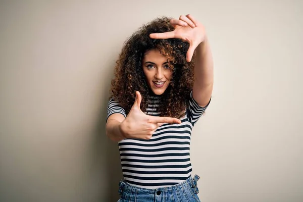 Young Beautiful Woman Curly Hair Piercing Wearing Casual Striped Shirt — Stock Photo, Image